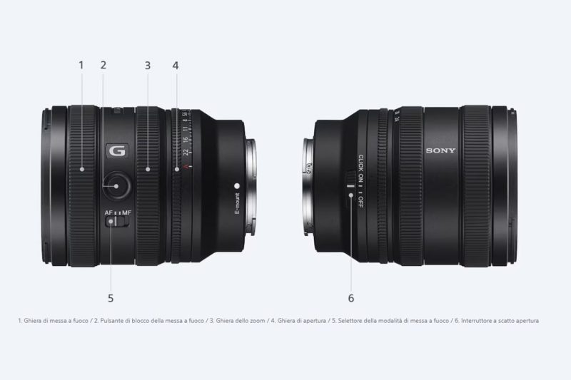 Sony FE 24-50mm F2.8G: ghiere e pulsanti